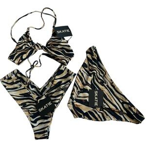 Skatie XS Marble Animal Print 3pc Bikini Set Tie Top + 2 Bottoms NWT
